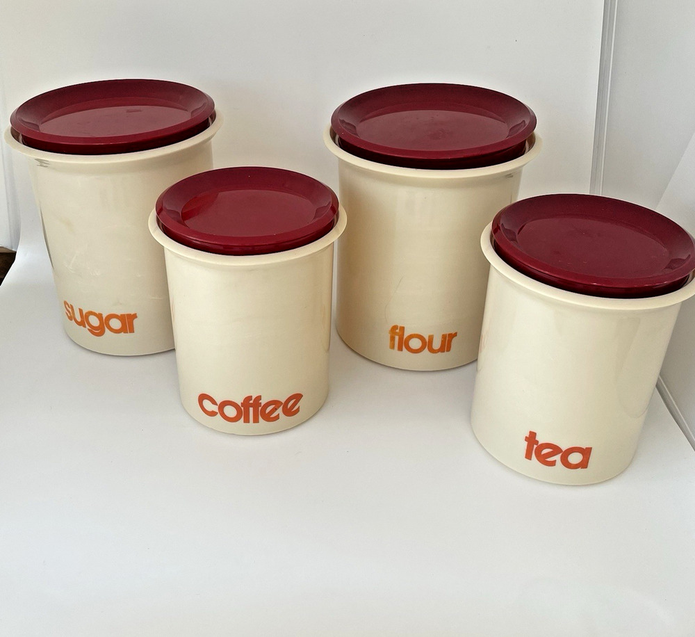 Vtg 4 Sterilite Cannisters Burnt Orange with lids Sugar Coffee Tea Flour set